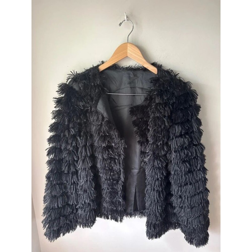 Black Shaggy Fringe Open Front Jacket Medium NWOT